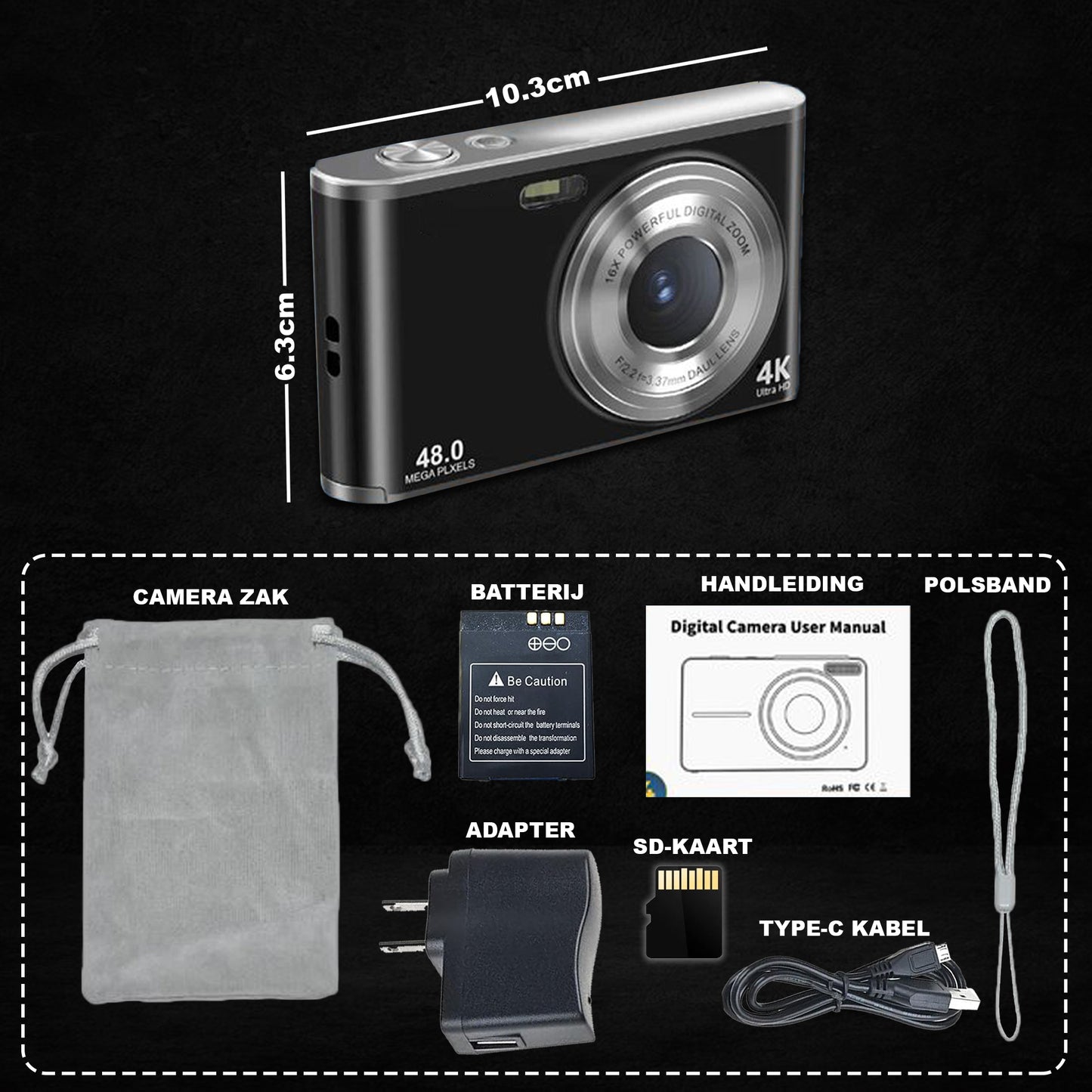 K&L Digitale Camera 4K - Inclusief 64GB - Zwart
