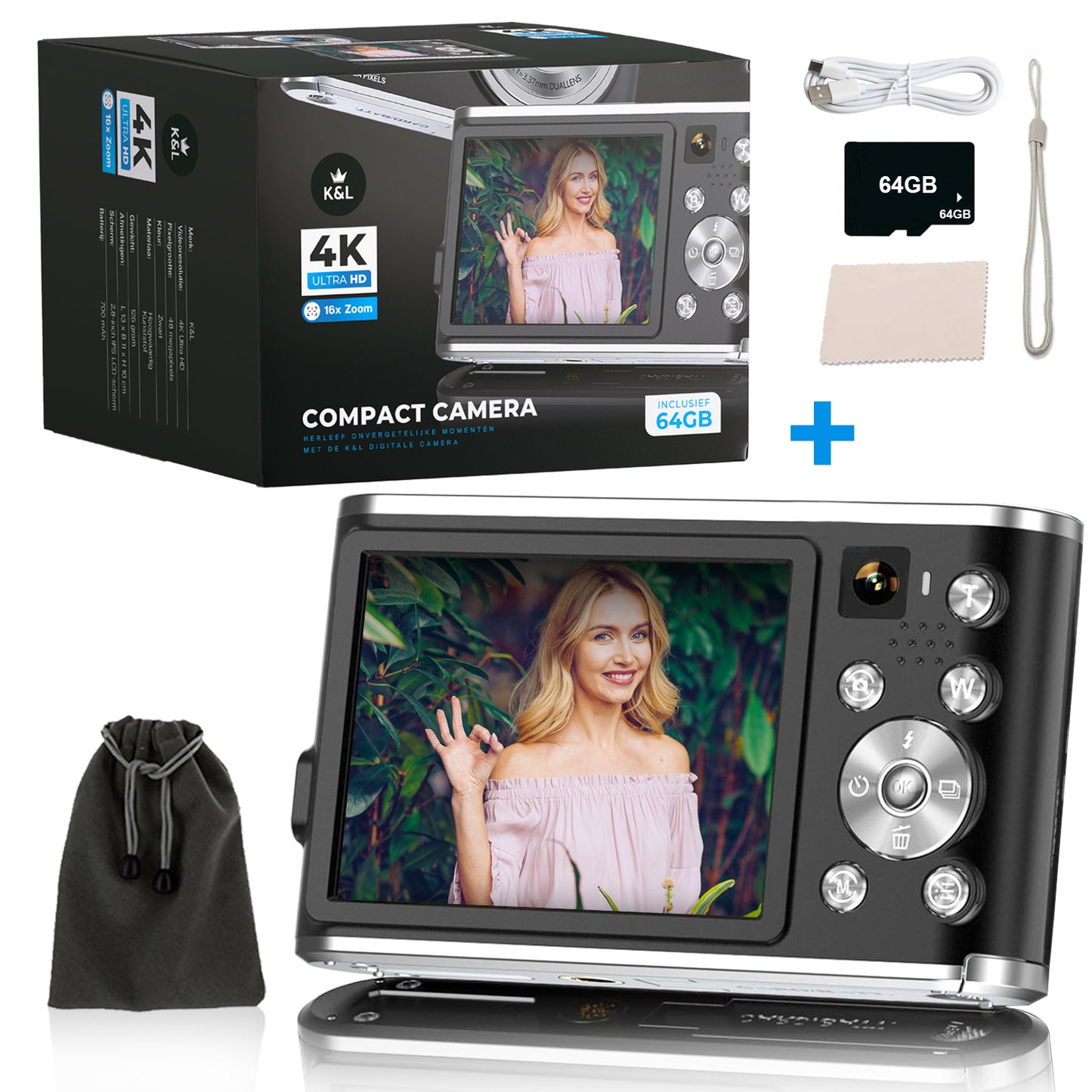 K&L Digitale Camera 4K - Inclusief 64GB - Zwart