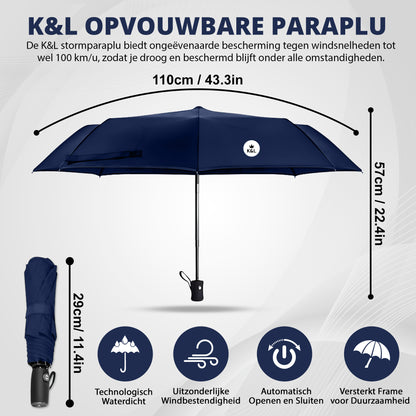 K&L Stormparaplu Opvouwbaar - Stormbestendig tot 100km/u - Blauw