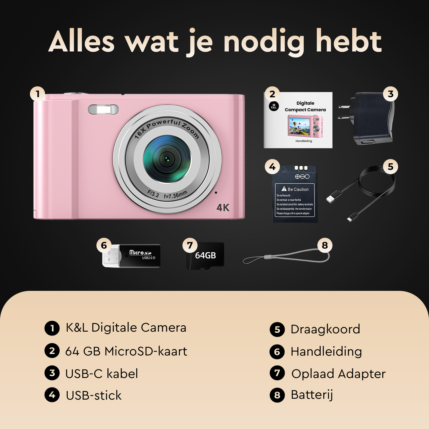 K&L Digitale Camera 4K - 64MP - Roze